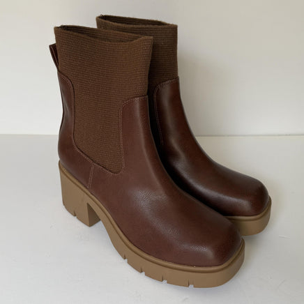 Sun + Stone Boots Womens Size 9 Brown Verity Sock Chelsea Lug Sole Block Heel
