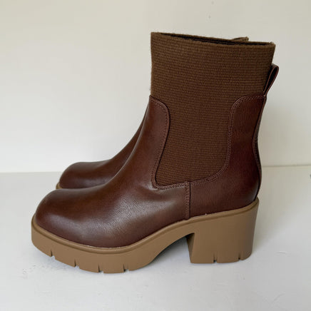 Sun + Stone Boots Womens Size 9 Brown Verity Sock Chelsea Lug Sole Block Heel