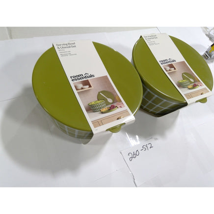 Room Essentials Serving Bowl & Utensil Set 2pk Olive Green Grid NEW