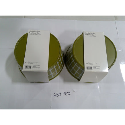 Room Essentials Serving Bowl & Utensil Set 2pk Olive Green Grid NEW