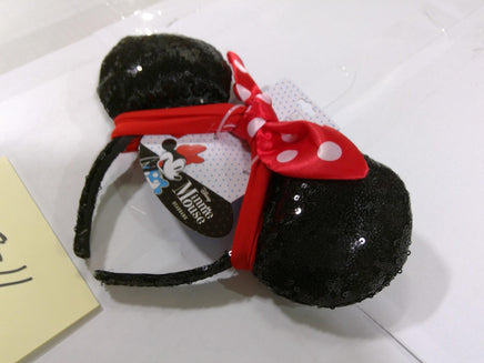 Disney Minnie Mouse Sequin Ear Headband Red Polka Dot Bow Black Accessory New