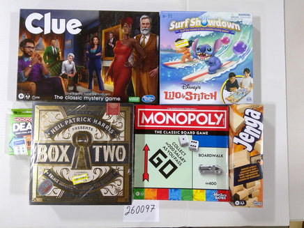 Hasbro Family Board Game Lot Clue Monopoly Jenga Disney Lilo & Stitch Box Two