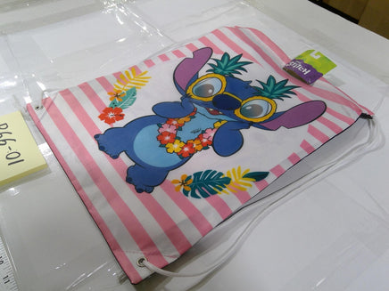 Disney Girls 14 In Drawstring Backpack Stitch Tropical Graphic Pink White Bag