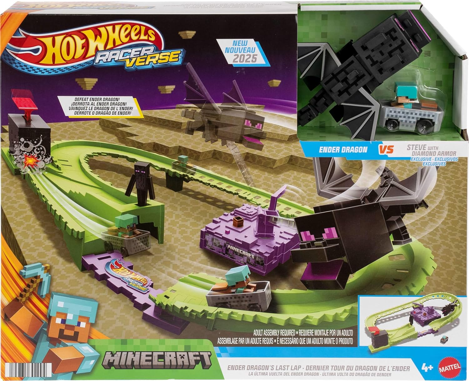 Hot Wheels Toy Car Track Set, RacerVerse Minecraft Playset & Die-Cast Diamond Armor Steve in Minecart Vehicle, Launch & Race to Defeat Ender Dragon