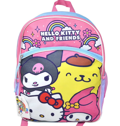 Pink backpack with Hello Kitty and friends design on a white background