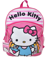 Pink 'Hello Kitty' backpack with character design on a white background